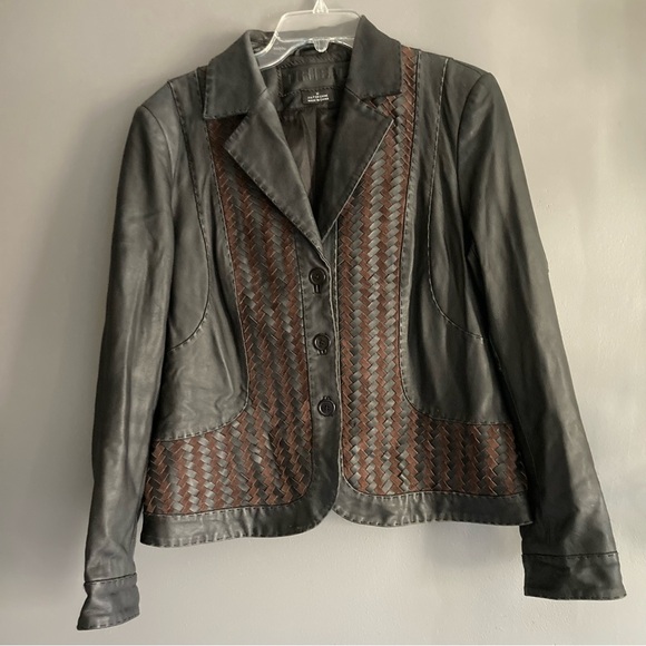 Black & Brown Soft Leather Blazer With Woven Detailing - Picture 1 of 5